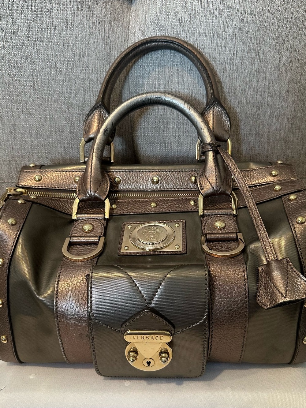 Authentic Versace Medusa Studded Metallic Leather Satchel Bag